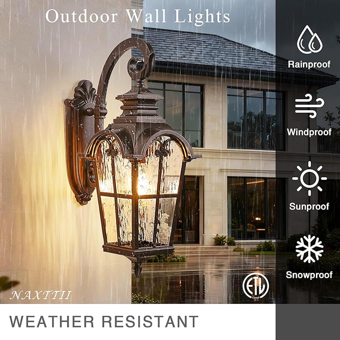 Outdoor Wall Sconce Lights ORB Finish Exterior Lighting Fixtures with Water Ripple Glass Aluminum Porch Lights Outdoor for Front Door Garage Entryway E26 Socket Waterproof