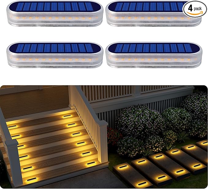 Solar Step Lights Outdoor Waterproof LED 4 Pack Warm White Flat Solar Powered Deck Lights for Outside Stick on Light Bar for Stair Dock Patio Garden Path Walkway Driveway Porch