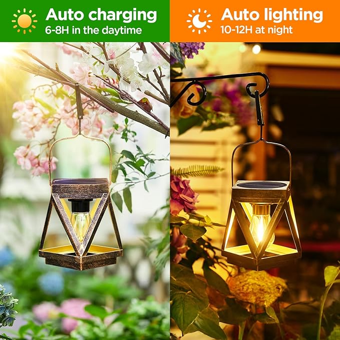 KOOPER Solar Lanterns Outdoor Waterproof 4 Pack Upgraded Metal Hanging Solar Lights Outdoor Lantern Decorative Bright Bronze Hanging Lanterns for Yard Patio Table Pathway Garden Decor