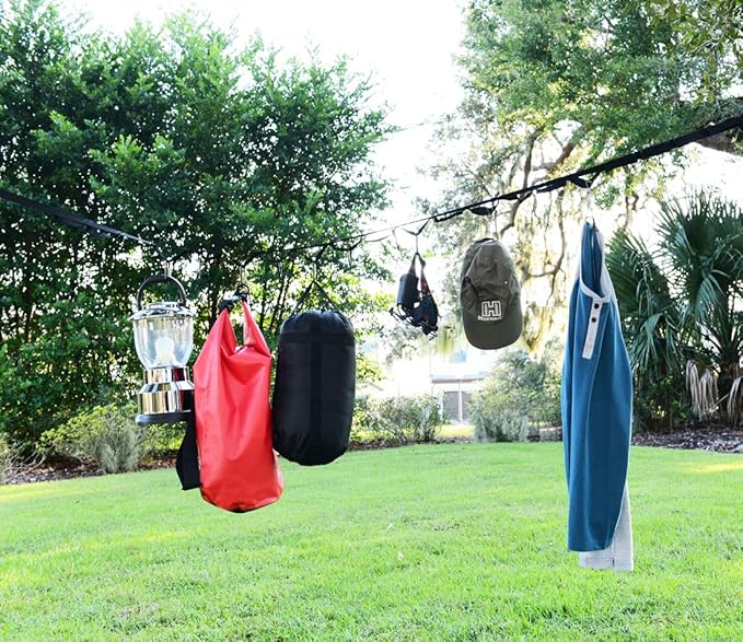Campsite Storage Strap with 19 Separated Loops for Hanging Camping Equipment Gear and Supplies | Includes Carabiner Hooks and Clothes Pins | Durable Campground Organizer Holds up to 150 LBS