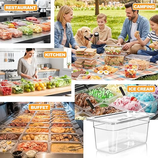 West Bay 6-Pack 1/3 Size 6''Deep NSF Polycarbonate Food Pans with Lids Clear Commercial Hotel Pans Food Storage Containers for Restaurant Food Prep Buffet Salad Bar Home Kitchen &amp Catering