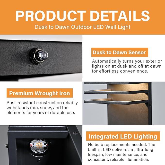 2 Pack Modern Outdoor Wall Light Fixture Dusk to Dawn Sensor - 10W LED 3000K Warm White Black Metal Exterior Sconce - Waterproof Wall Mount Porch/Patio/Garage Light - Hardwired House Light