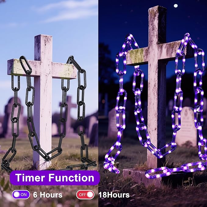 Battery Operated Halloween Lights 10.5FT 175 LED Plastic Chains Lights 8 Modes Waterproof Timer String Light for Skeleton Dog Creepy Costumes Accessories Spooky Outdoor Decorations(Purple)