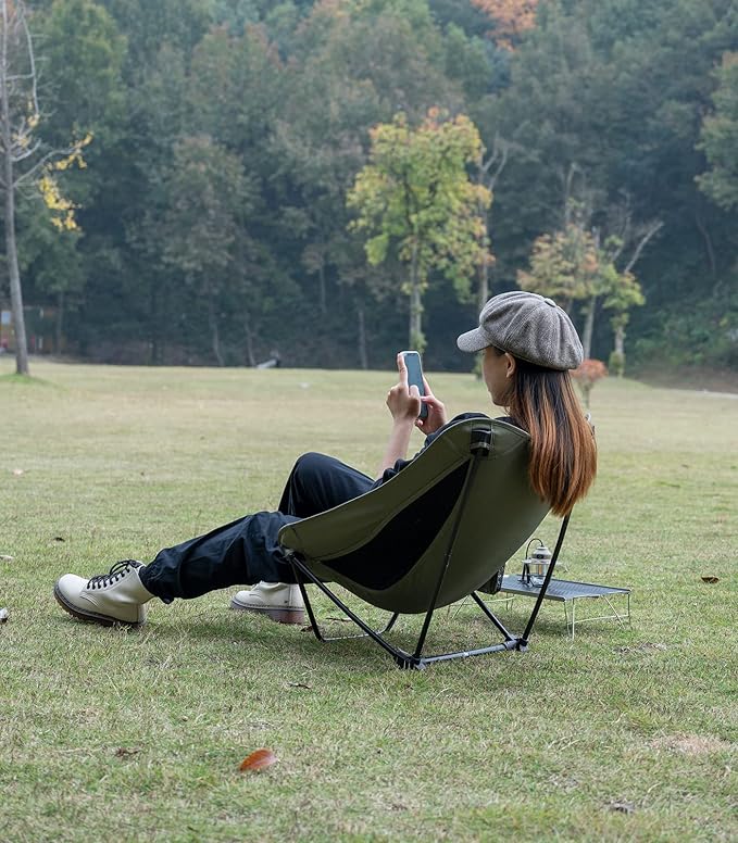 iClimb Low Ultralight Compact Camping Folding Chair with Side Pocket and Carry Bag (Khaki)