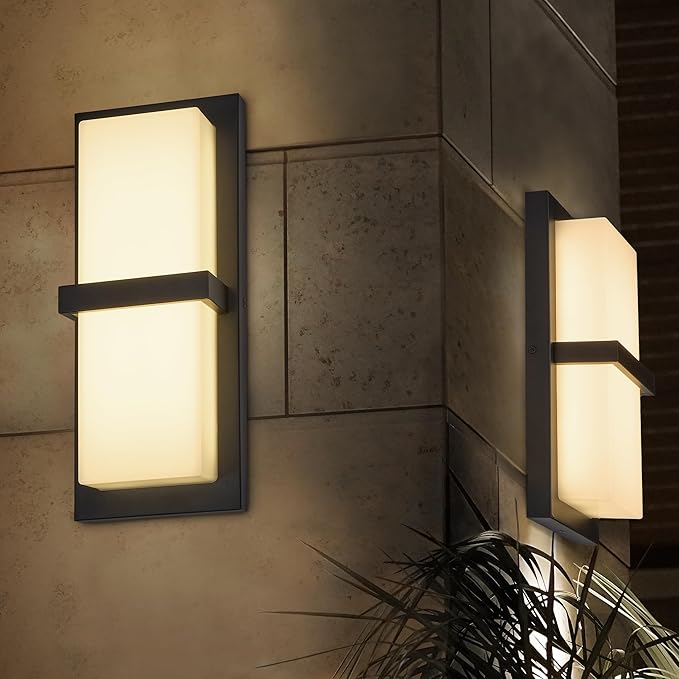 Maxxima LED Porch Lantern Outdoor Wall Light Black with Horizontal Bar &amp Frosted Lens 1000 Lumens 5 CCT 2700K/3000K/3500K/4000K/5000K Modern Exterior Patio Sconce Lantern Dimmable at 120V
