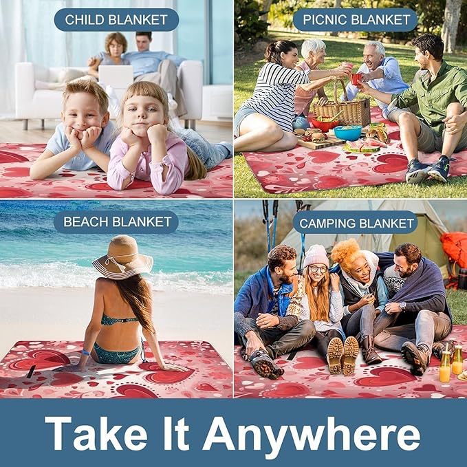 Valentine Pattern Beach BlanketPortable Waterproof Picnic Blanket58.3''x 58.3'' Extra Large Picnic Mat for BeachCamping Grass Lawn Park Accessorie for Festival BBQ