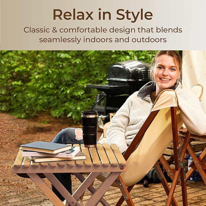 BYER OF MAINE Pangean Folding Wooden Side Table – 22 L x 20 W x 20 H Folding Ash Wood Table for Patio Porch Balcony Camping &amp Garden Use