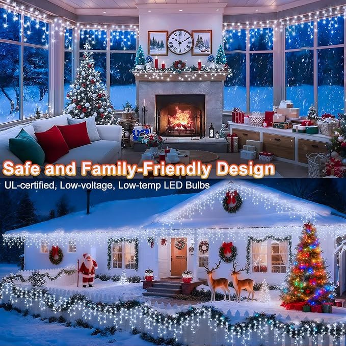 KNONEW 99FT 1216 LED Christmas Lights Outdoor Decorations 8 Modes White Curtain String Light with 228 Drops Clear Wire LED String Light Indoor Decor for Wedding Party Holiday Christmas