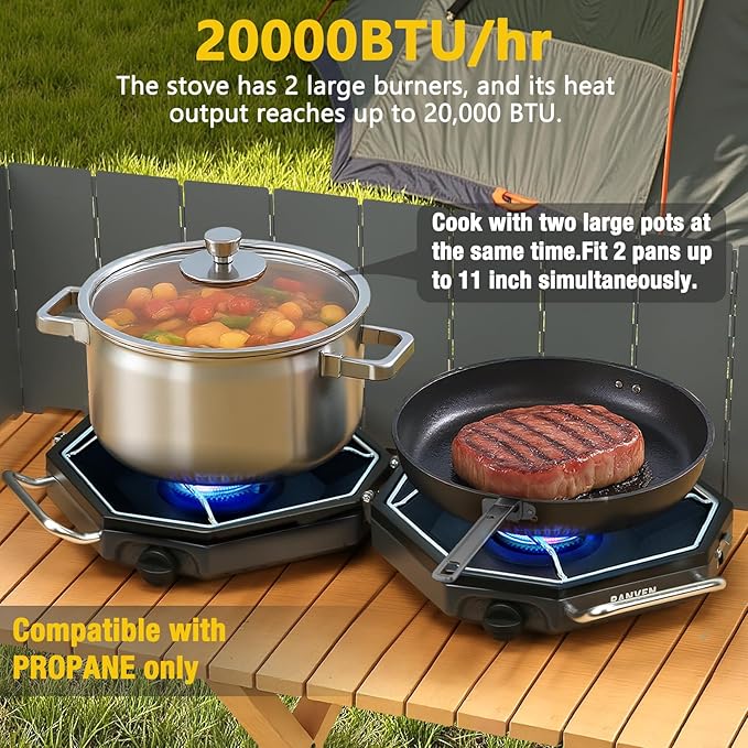 Camping Stove Propane 2 Burner Camp Stove 20000 BTU Propane Camping Stoves Portable Gas Stove with Windscreen Storage Bag Regulator for Picnic BBQ Tailgating