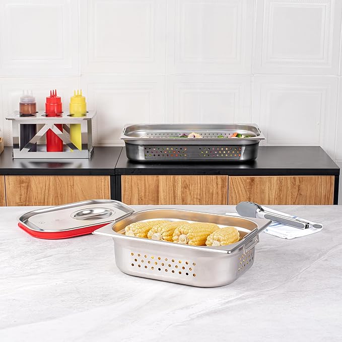Restaurantware Perforated Steam Table Pan - Half Size - 4 Deep - Collapsible Handles - Anti Jam - Commercial Grade Stainless Steel - 1ct Box - Met Lux