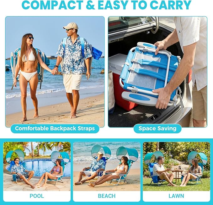 #WEJOY Beach Chair with Canopy Shade Reclining Adjustable 4 Position Lay Flat Lightweight Folding Portable Aluminum Chair with Backpack StrapsPadded headrest Heavy Duty 400lbs Lawn Chair for Beach