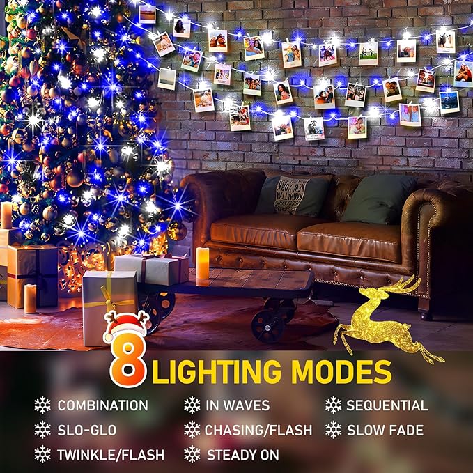 KNONEW Outdoor Christmas Lights 500 LED 197ft String Lights 8 Modes &amp Memory Fairy Light Plug in Waterproof LED String Lights for Xmas Yard Tree Wedding Party (Blue and White)