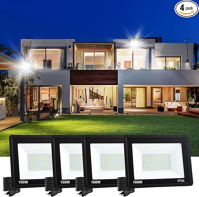 4 Pack 100W LED Flood Lights Outdoor Plug in 10000 LM Super Bright Outdoor Lights Portable IP66 Waterproof LED Work Light 6000K Daylight White Floodlights for Garage Yard Garden Playground