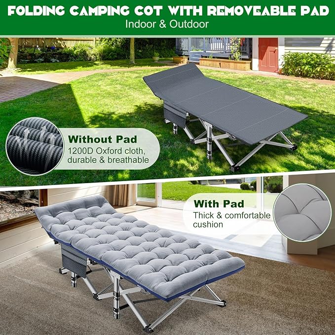 NAIZEA Folding Camping Cots for Adults Portable Cot with Mattress Heavy Duty Outdoor Bed with Carry Bag 1200d Oxford Cloth Sleeping Cots for Camping Office Nap Home Guest Beach Travel