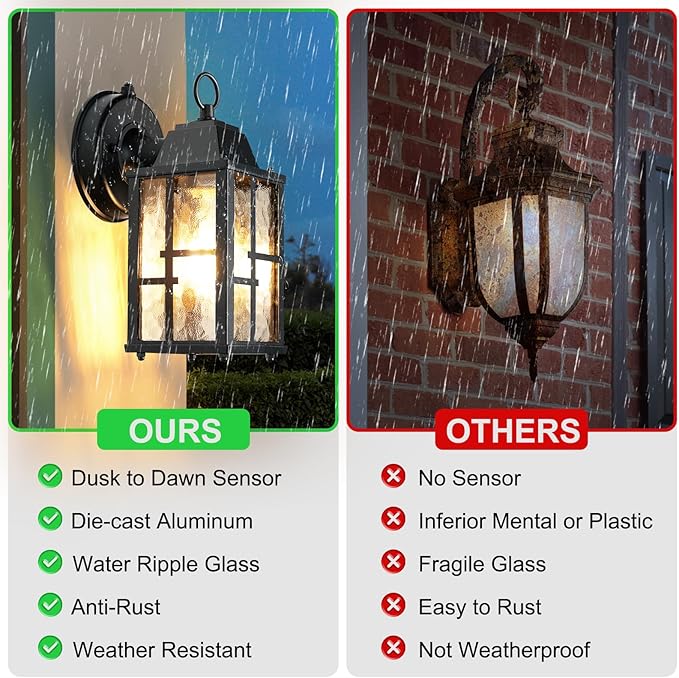 OKELI Dusk to Dawn Outdoor Wall Lights Exterior Waterproof Lantern Front Porch Sconce Lighting with Water Ripple Glass Shade Anti-Rust Wall Lamps Outside Lights for Garage (Black-SIZE-S-2pack)