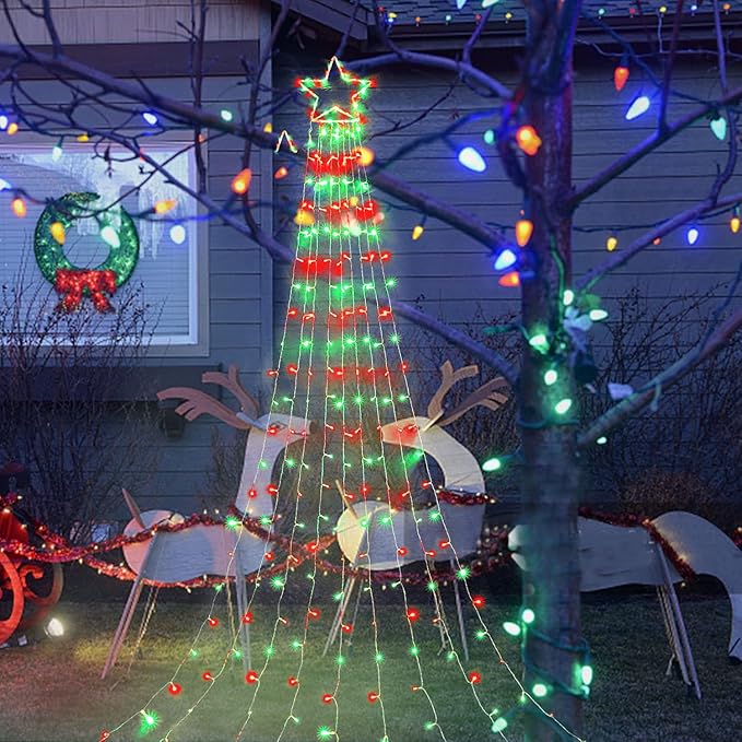 Outdoor Christmas Lights Christmas Decoration Lights 320 LED Christmas Tree Toppers String Lights[8 Modes &amp Waterproof] for Halloween Xmas New Year Holiday(Iron Star-Red &amp Green)