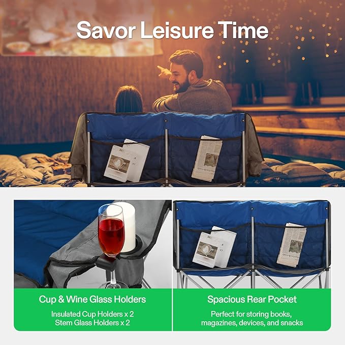 VIVOSUN Double Camping Chair Fully Padded Folding Loveseat Oversized Duo Chair with Cup &amp Wine Glass Holders Pocket Armrests &amp Carry Bag