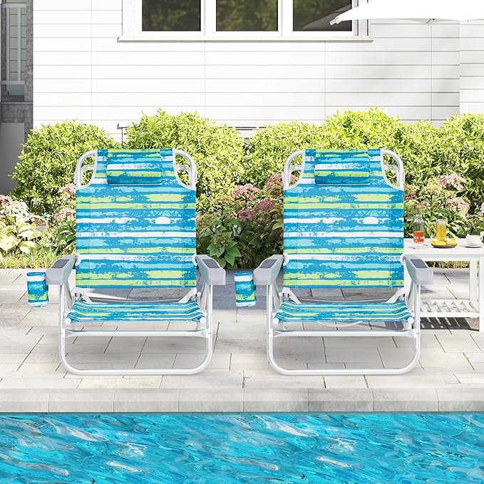 Giantex 2-Pack Folding Camping Chair with 5 Adjustable Positions Head Pillow Towel Bar Armrests &amp Cup Holder Portable Outdoor Backpack Chair for Lay Flat Sunbathing Picnic Beach Green
