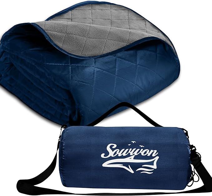 Waterproof Outdoor Blanket 92”X 60” Packable Stadium Blankets for Camping with Quilted Fleece Lining Large Windproof Emergency Throw Mat for Garss Picnic Hiking Road Trip Machine Washable Navy
