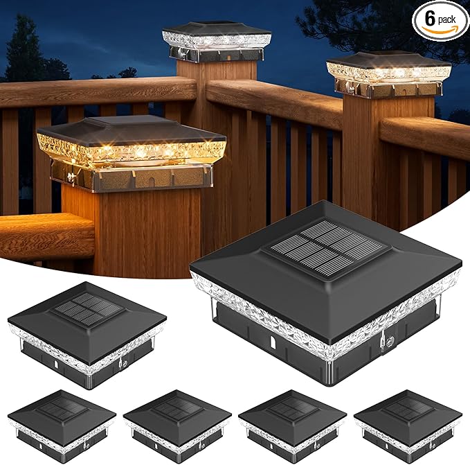 APONUO Solar Post Cap Lights for 4x4 Wood &ampVinyl Posts 3 Light Modes &amp 800mAh Battery IP65 Waterproof Rugged Unibody Solar Outdoor Lights for Fence Deck &amp Patio (Black 6 Pack)