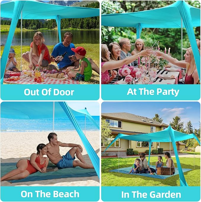 Beach Tent Sun Shelter UPF50+ 10x10 FT Family Pop Up Sun Shade with 4 Aluminum Poles Carrying Bag Floor Mat Sunglasses Sand Shovel Outdoor Shade Canopy for Beach Camping