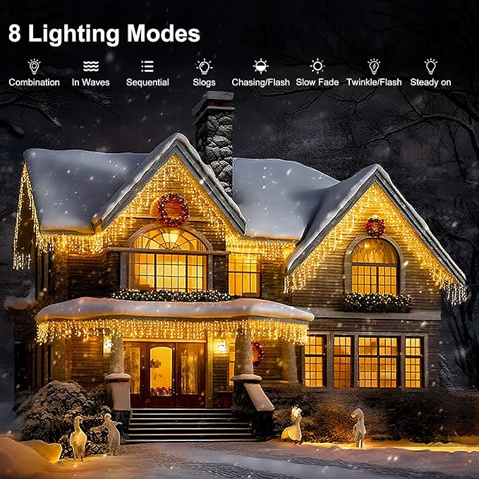 LED Icicle Lights for Outdoor Christmas Decorations98.4Ft 1000 LEDs Christmas Fairy Light with Timer&ampMemory Function8 Lighting ModesPlug in hanging Curtain Lights for Xmas Party Wedding(Warm Wh