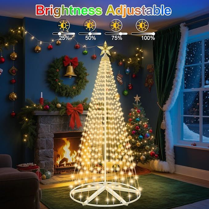 8Ft Solar Powered Christmas Cone Tree Lights with 444LEDs &amp Star Topper Remote Control 11 Modes Dimmable IP65 Waterproof Timer for Indoor Outside Yard Holiday Decoration Warm White &amp Mul