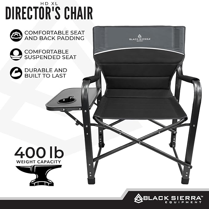 XL Directors Chair with Foldable Side Table Heavy Duty Camp Chair Supports 400 Lbs Oversize Outdoor Folding Seat with High Back and Padded Armrests for Lawn Beach Tailgating Sports (Black)