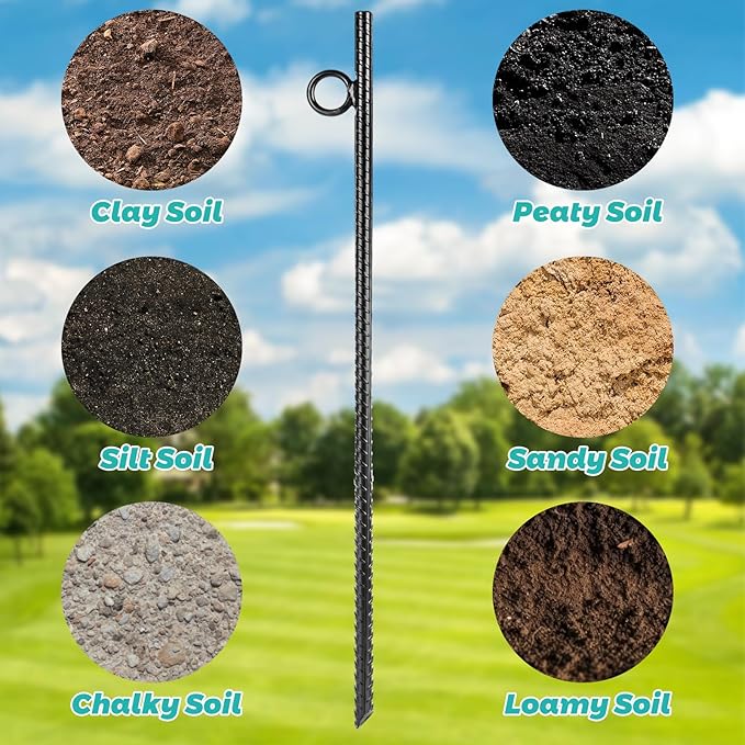 12 Pack 17 Inch Rebar Stakes Heavy Duty Ground Anchors with Loop 3/8 Thick Black Steel Tent Stakes for Trampoline Fencing Camping &amp Trees Rust Resistant Metal Spikes