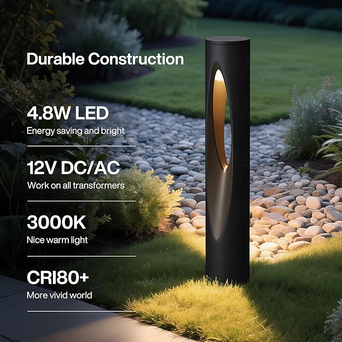 Tribesigns Low Voltage Landscape Lights 4.8W LED Pathway Lights 3000K Outdoor Landscape Lighting for Walkway Garden Yard UL&ampETL Listed IP65 Waterproof 12-24V Aluminum Alloy Black (4 Pack)