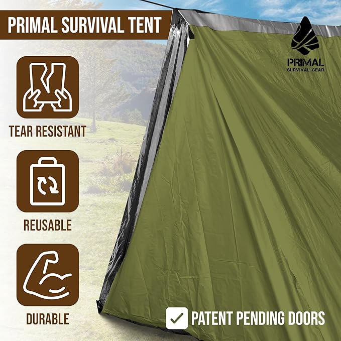 Orange Polyester Survival Tent with Doors - Compact Durable All-Season Shelter for Camping Hiking and Emergency Preparedness