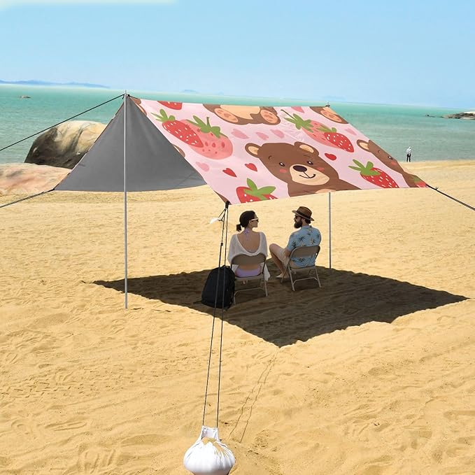 Cartoon Bear and Strawberry Camping Sun Shelter Beach Tent Portable Beach Sun Shade Outdoor Canopy for Camping Trips Fishing Picnic