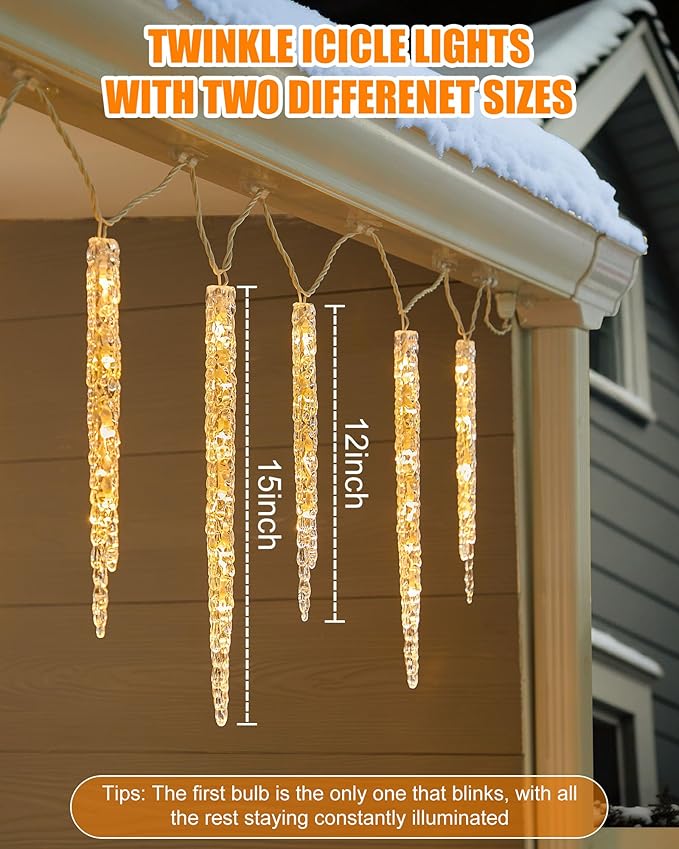 Minetom Icicle Lights Outdoor with Clips 2 Pack Total 40ft 200 LED 40 Tubes Twinkling Ice Shape String Lights Connectable Hanging Christmas Lights Plug in for Eave Holiday Outdoor Warm White