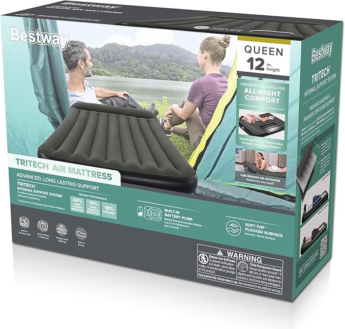 Bestway Tritech Air Mattress Queen 12” with Built-in Battery Pump