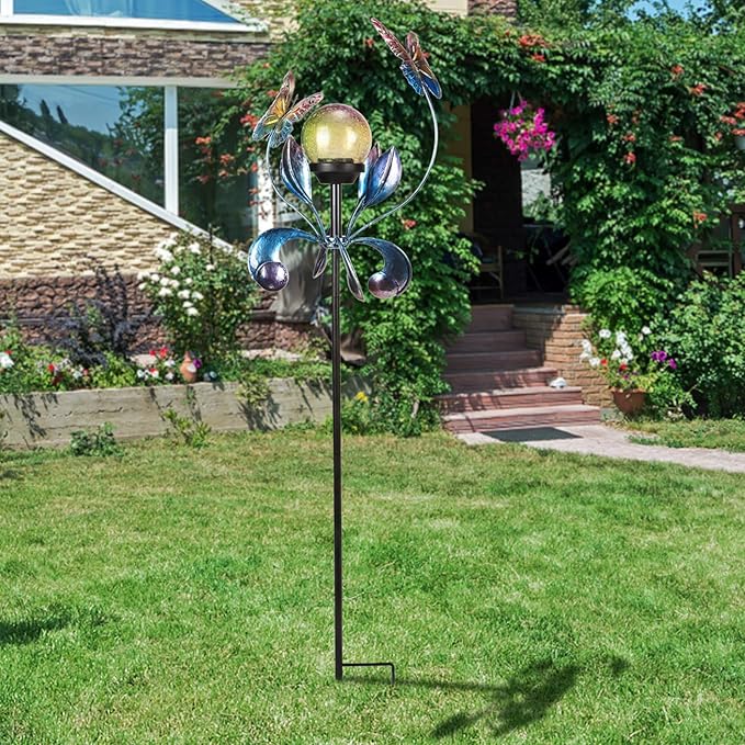 VCUTEKA Solar Lights Outdoor Metal Garden Stake Waterproof Crackle Glass Globe Garden Decor Butterfly for Pathway Lawn Patio Yard
