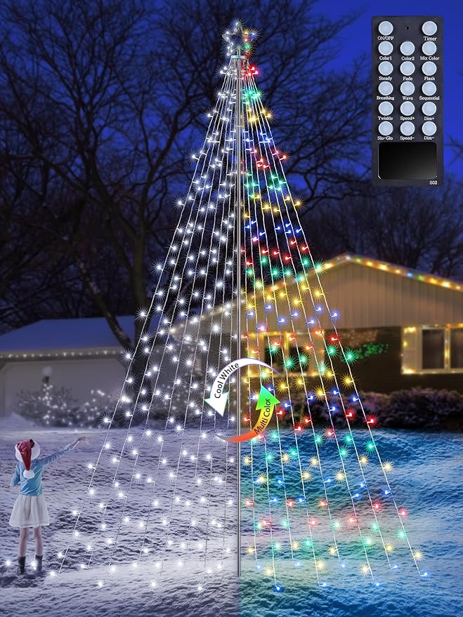 Flacchi Christmas Outdoor Star String Lights - Pole Set with Remote Multiple Lighting Modes Timer and Waterproof Feature (Cool White&ampMulticolor 16FT/664LED)
