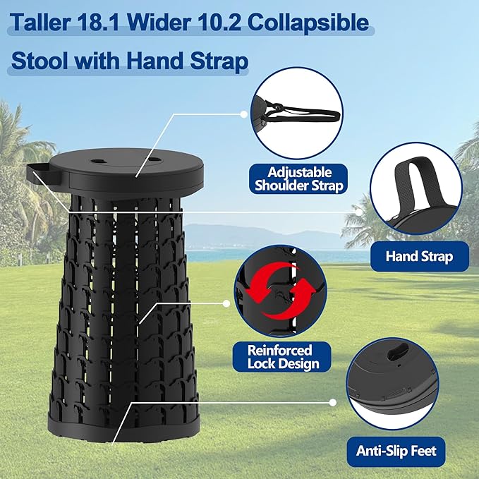 Upgraded 18.1 Collapsible Stool with Adjustable StrapLightweight Folding StoolLoad Capacity 600lbsRetractable Camping Stool Portable Folding Chair or Travel Footrest for Outdoor Fishing Hiking BBQ