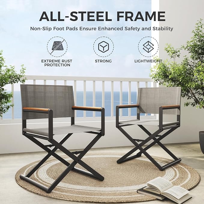 Grand patio Extra-Wide 4-Pack Directors Chairs Folding Dining Chair Set of 4 with Sling Woodgrain Armrests Outdoor Gray