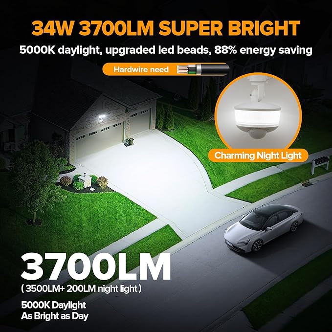 LUTEC 34W 3700 Lumen LED Security Light Motion Sensor Outdoor Lights with Night Light 5000K Daylight IP65 Waterproof Dusk to Dawn Hardwired Motion Detector Flood Light for Garage Yard-White