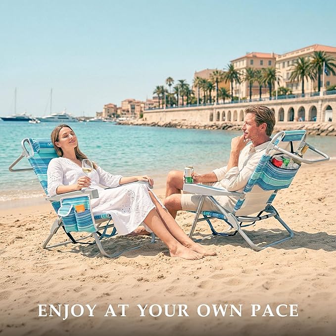 Beach Chairs for Adults Portable Folding Backpack Beach Chair Heavy Duty 5-Position Lay Flat with Cooler Bag Cup Holder for Outdoor/Lawn/Trip/Picnic/Fishing/Camping