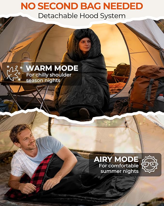 Sportneer 0 Degree Sleeping Bag for Cold Weather XL Winter Sleeping Bag for Adults Flannel Lined Camping Sleeping Bag 32°F–59°F Rated 87 x 33.5 4.4 lbs Detachable Hood Compression Sack