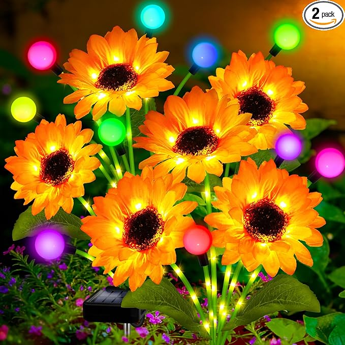 Solar Garden Lights-2 Pack Solar Sunflowers with Multicolor Changing Swaying Firefly LightsGifts for Mom Women Mothers Day BirthdayWaterproof Firefly Sunflower Light for Outdoor Patio Yard Decor