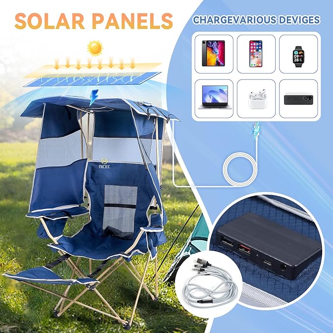 CDEN Canopy Chair Camping Chair with Canopy Chair with Shade Beach Chair USB Type-C DC outlets for Phone provided 30W Output with Solar Panel footrest (1 Pack)
