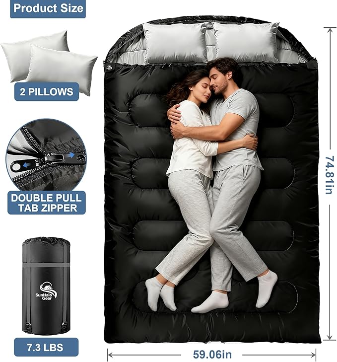 2 Person Sleeping BagDouble Sleeping Bags for Adults Large Adult Sleeping Bag with Plush Lining/Backpacking/Extra Large/4 Seasons/Portable/Waterproof/Hiking/Camping/Family Fun Time
