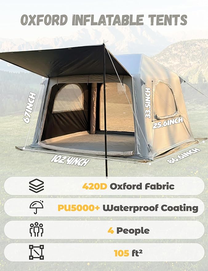Inflatable Tents for Camping - Blackout Interior for Better Sleep Blow Up Tent with Hand Pump &amp Awning Quick Setup Waterproof Oxford Air Glamping Inflatable House for Camping Tent 4 Person