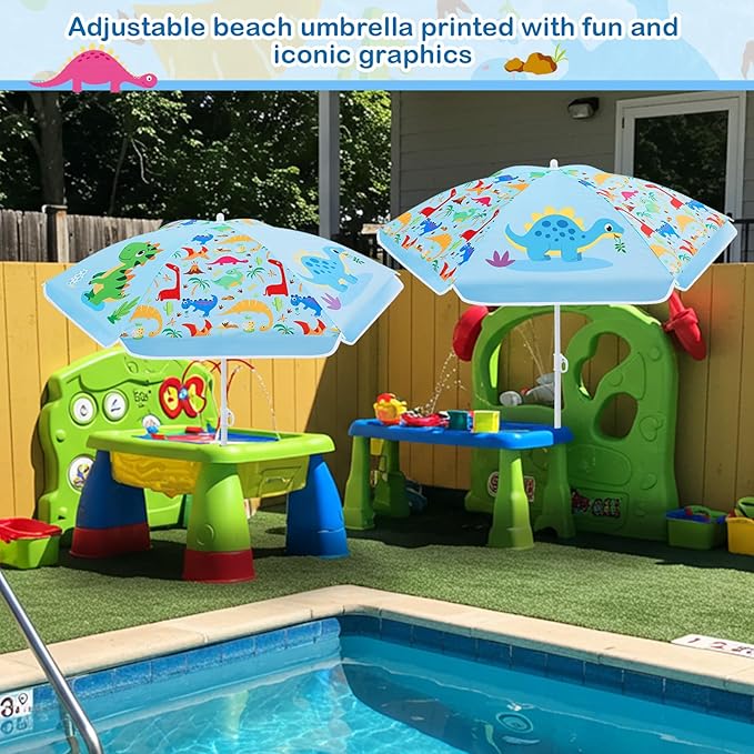Sweetude Water Table Umbrella (Table Not Included) Kids Seaside Beach Umbrella Picnic Canopy for Summer Toddlers Sand Beach Camping Garden Outdoor Pool Shade Party Supply(Dinosaur Theme)