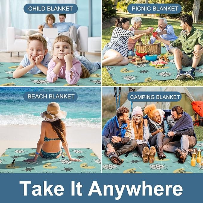 Modern Atomic Stars Retro Colors Stock Illustration Waterproof Outdoor Picnic Blanket Sandproof Beach Mat for Camping Hiking Grass Travelling