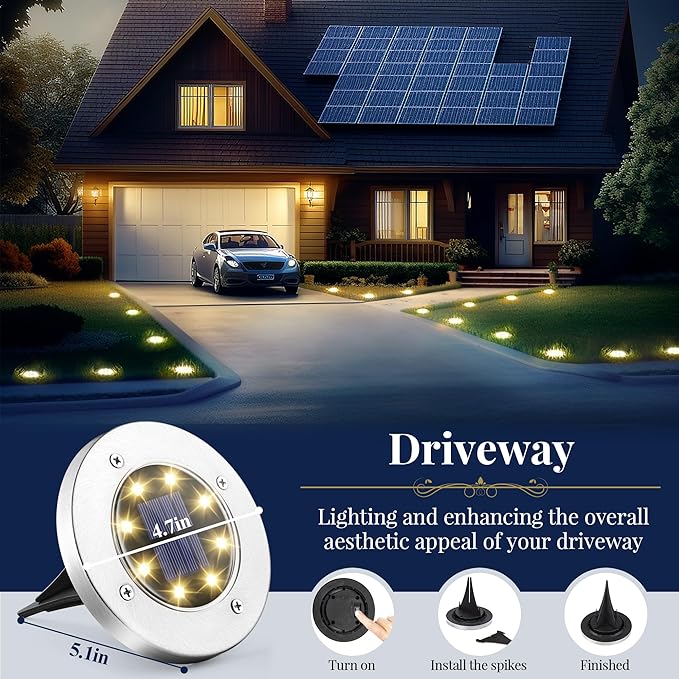 SOLPEX Solar Ground Lights 12 Pack Solar Lights Outdoor Waterproof 8 LED Solar Powered Landscape Lighting for Garden Yard Patio Driveway Pathway Walkway (Warm White)