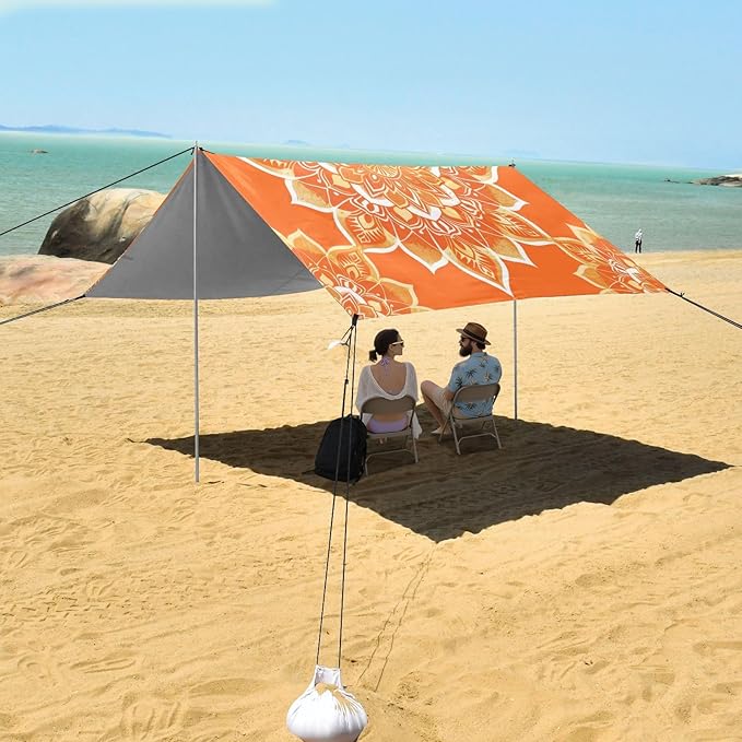 Orange Mandala Beach Tent Sun Shelter 9.2' x 10.5' Beach Canopy with 4 Sandbags 4 Stability Poles Sand Shovels - Tent Canopy for Beach Camping Fishing Picnics