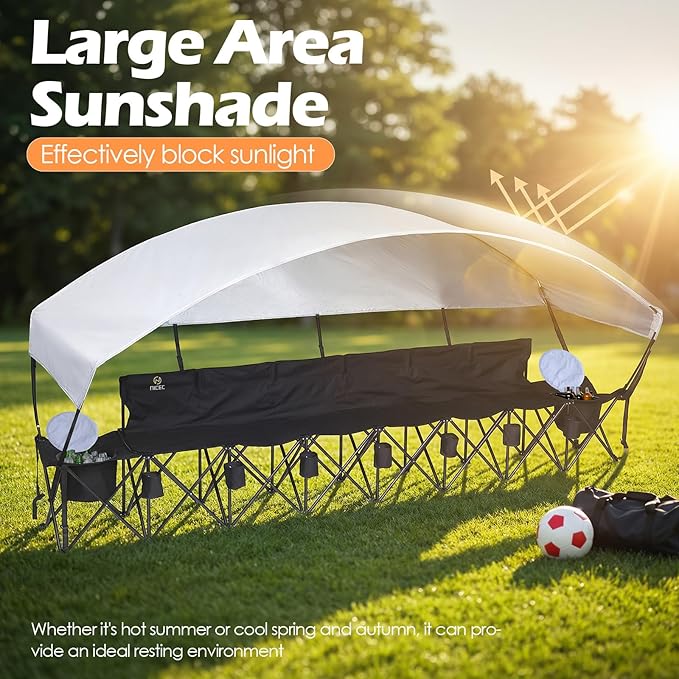 Nice C Portable Folding Bench with Canopy Soccer Team Bench with Sun Shade 6 Seat Fabric Outdoor Sports Chair for Adults with Cooler &amp Cup Holder for Football Basketball Camp Events (Black)